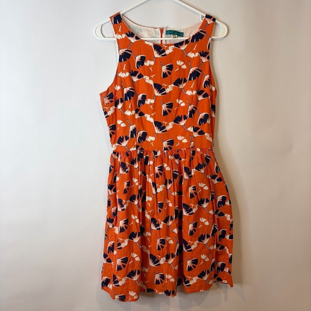 Pim + Larkin Orange Sun Dress with Ginkgo Leaves Navy White Print Medium Cotton